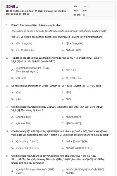 Bộ 10 đề thi cuối kì 2 Toán 11 Chân trời sáng tạo cấu trúc mới có đáp án - Đề 09