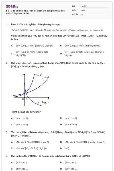 Bộ 10 đề thi cuối kì 2 Toán 11 Chân trời sáng tạo cấu trúc mới có đáp án - Đề 10