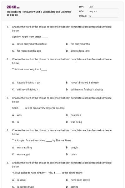 Trắc nghiệm Tiếng Anh 9 Unit 2 Vocabulary and Grammar có đáp án