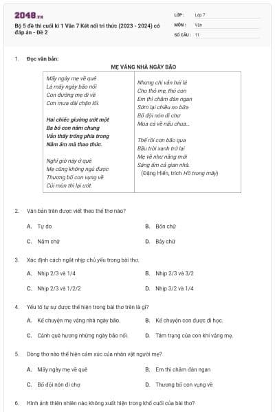 Bộ 5 đề thi cuối kì 1 Văn 7 Kết nối tri thức (2023 - 2024) có đáp án - Đề 2