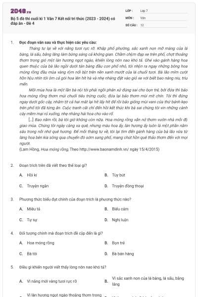 Bộ 5 đề thi cuối kì 1 Văn 7 Kết nối tri thức (2023 - 2024) có đáp án - Đề 4
