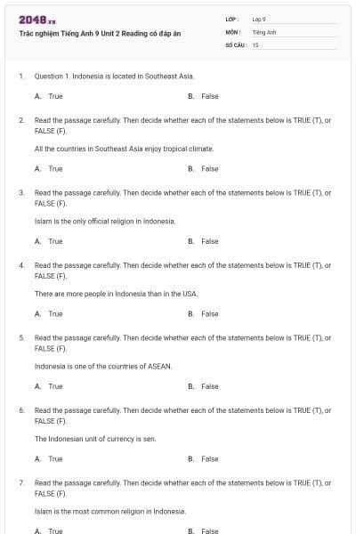 Trắc nghiệm Tiếng Anh 9 Unit 2 Reading có đáp án