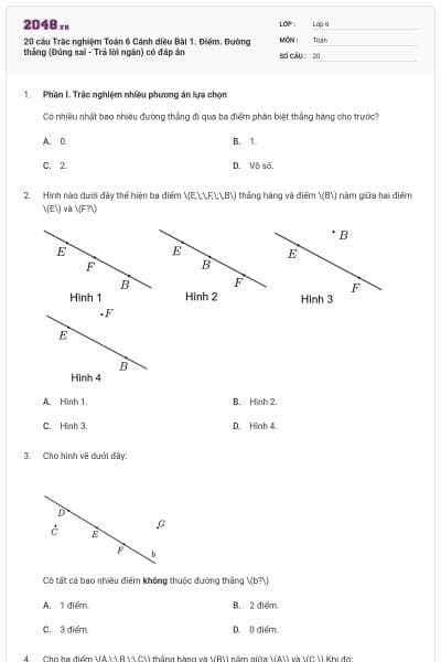 20 câu Trắc nghiệm Toán 6 Cánh diều Bài 1. Điểm. Đường thẳng (Đúng sai - Trả lời ngắn) có đáp án