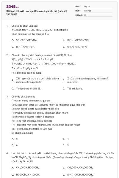 Bài tập Lý thuyết Hóa học Hữu cơ có giải chi tiết (mức độ vận dụng)