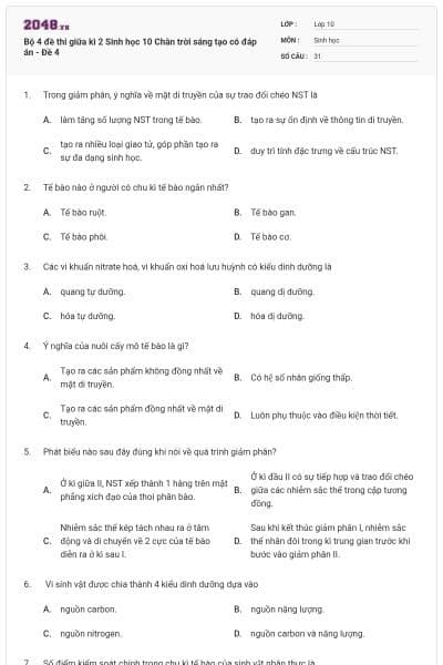 Bộ 4 đề thi giữa kì 2 Sinh học 10 Chân trời sáng tạo có đáp án - Đề 4
