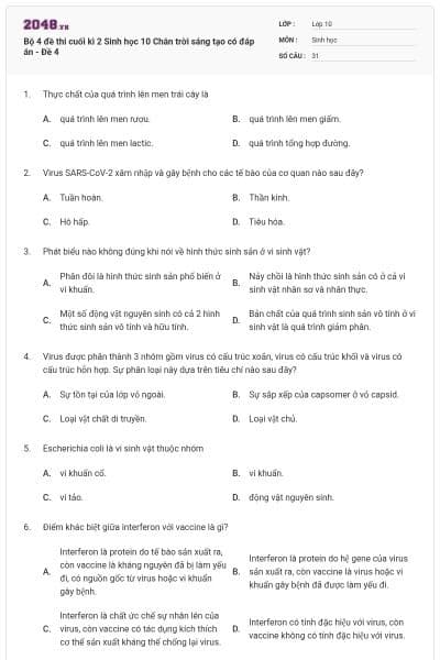 Bộ 4 đề thi cuối kì 2 Sinh học 10 Chân trời sáng tạo có đáp án - Đề 4