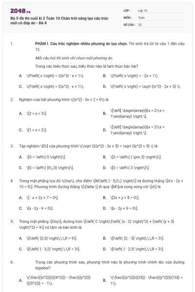 Bộ 5 đề thi cuối kì 2 Toán 10 Chân trời sáng tạo cấu trúc mới có đáp án - Đề 4