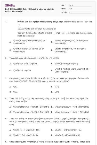 Bộ 5 đề thi cuối kì 2 Toán 10 Chân trời sáng tạo cấu trúc mới có đáp án - Đề 5