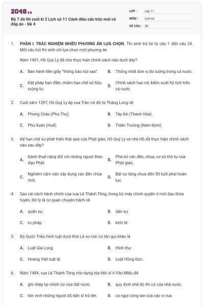 Bộ 7 đề thi cuối kì 2 Lịch sử 11 Cánh diều cấu trúc mới có đáp án - Đề 4