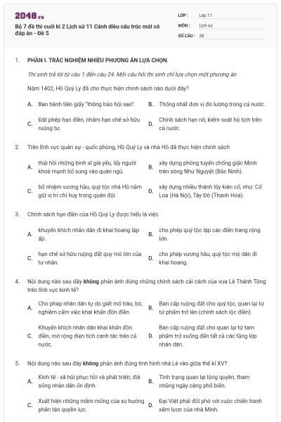 Bộ 7 đề thi cuối kì 2 Lịch sử 11 Cánh diều cấu trúc mới có đáp án - Đề 5
