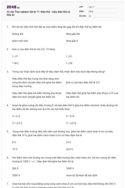22 câu  Trắc nghiệm Vật lý 11: Điện thế - hiệu điện thế có đáp án