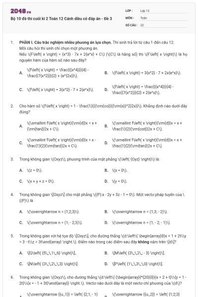 Bộ 10 đề thi cuối kì 2 Toán 12 Cánh diều có đáp án - Đề 3