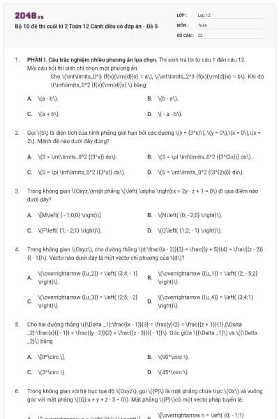 Bộ 10 đề thi cuối kì 2 Toán 12 Cánh diều có đáp án - Đề 5