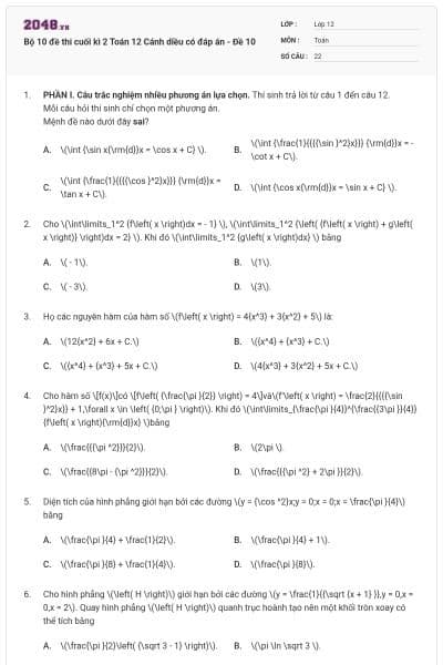 Bộ 10 đề thi cuối kì 2 Toán 12 Cánh diều có đáp án - Đề 10
