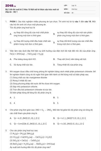 Bộ 3 đề thi cuối kì 2 Hóa 10 Kết nối tri thức cấu trúc mới có đáp án - Đề 1