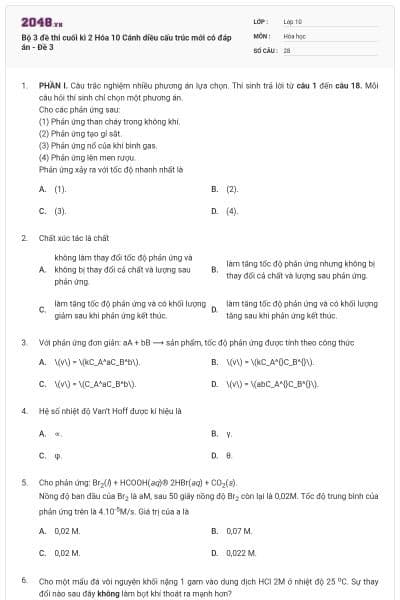 Bộ 3 đề thi cuối kì 2 Hóa 10 Cánh diều cấu trúc mới có đáp án - Đề 3