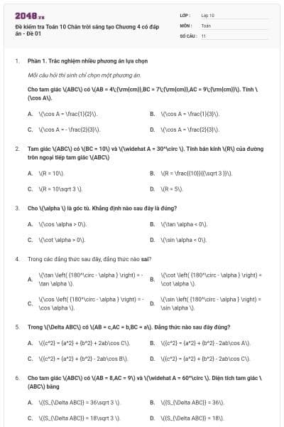 Đề kiểm tra Toán 10 Chân trời sáng tạo Chương 4 có đáp án - Đề 01