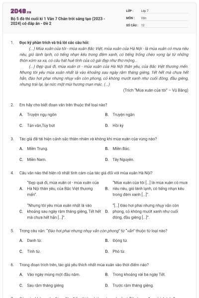 Bộ 5 đề thi cuối kì 1 Văn 7 Chân trời sáng tạo (2023 - 2024) có đáp án - Đề 2