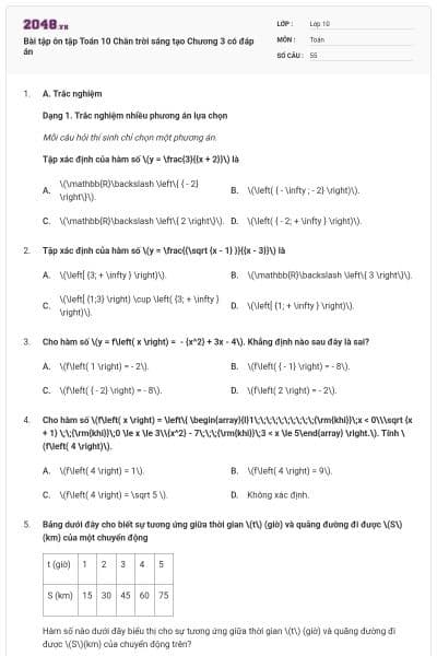 Bài tập ôn tập Toán 10 Chân trời sáng tạo Chương 3 có đáp án