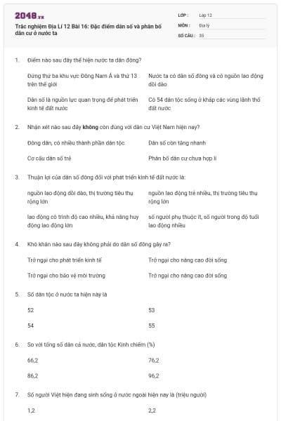 Trắc nghiệm Địa Lí 12 Bài 16: Đặc điểm dân số và phân bố dân cư ở nước ta
