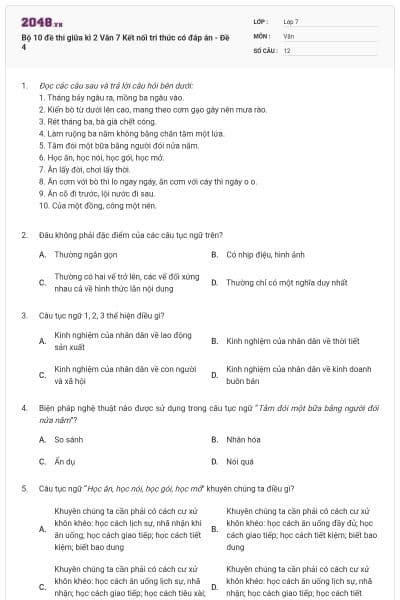 Bộ 10 đề thi giữa kì 2 Văn 7 Kết nối tri thức có đáp án - Đề 4