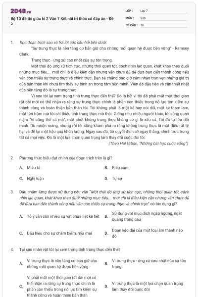 Bộ 10 đề thi giữa kì 2 Văn 7 Kết nối tri thức có đáp án - Đề 5