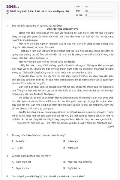 Bộ 10 đề thi giữa kì 2 Văn 7 Kết nối tri thức có đáp án - Đề 7