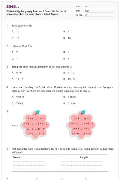 Phiếu bài tập hàng ngày Toán lớp 2 Cánh diều Ôn tập về phép cộng, phép trừ trong phạm vi 20 có đáp án