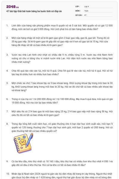47 bài tập Giải bài toán bằng ba bước tính có đáp án