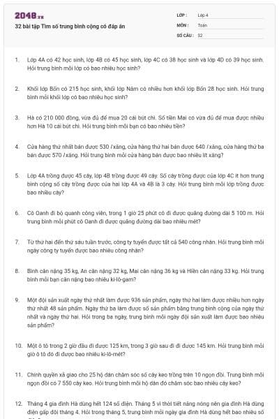 32 bài tập Tìm số trung bình cộng có đáp án