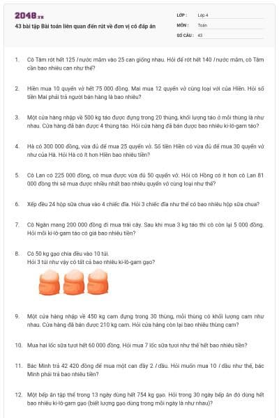43 bài tập Bài toán liên quan đến rút về đơn vị có đáp án