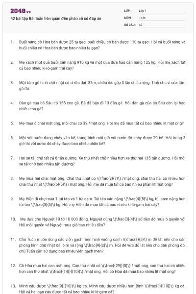 42 bài tập Bài toán liên quan đến phân số có đáp án