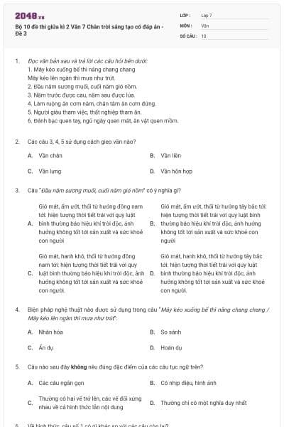 Bộ 10 đề thi giữa kì 2 Văn 7 Chân trời sáng tạo có đáp án - Đề 3