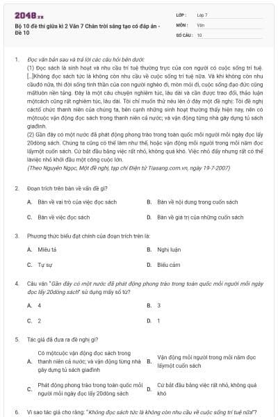 Bộ 10 đề thi giữa kì 2 Văn 7 Chân trời sáng tạo có đáp án - Đề 10