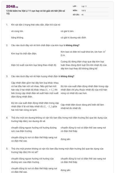 13 Đề kiểm tra Vật Lí 11 cực hay có lời giải chi tiết (Đề số 10)