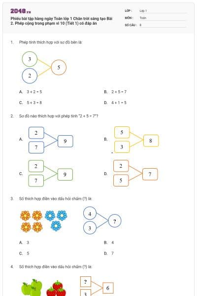 Phiếu bài tập hàng ngày Toán lớp 1 Chân trời sáng tạo Bài 2. Phép cộng trong phạm vi 10 (Tiết 1) có đáp án
