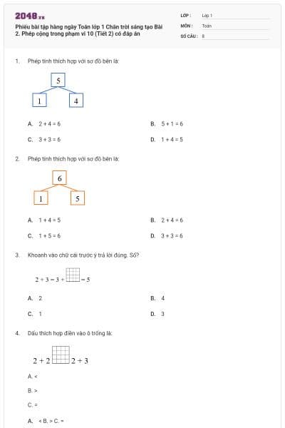 Phiếu bài tập hàng ngày Toán lớp 1 Chân trời sáng tạo Bài 2. Phép cộng trong phạm vi 10 (Tiết 2) có đáp án