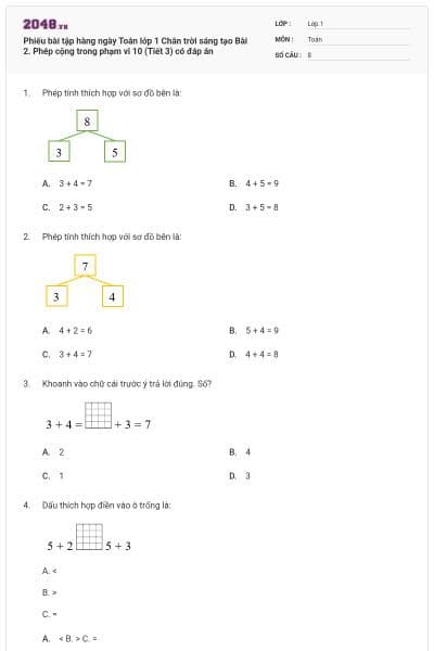Phiếu bài tập hàng ngày Toán lớp 1 Chân trời sáng tạo Bài 2. Phép cộng trong phạm vi 10 (Tiết 3) có đáp án