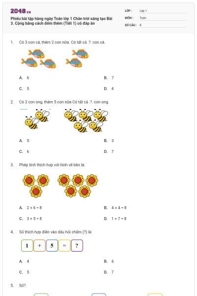 Phiếu bài tập hàng ngày Toán lớp 1 Chân trời sáng tạo Bài 3. Cộng bằng cách đếm thêm (Tiết 1) có đáp án