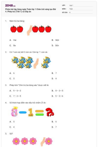 Phiếu bài tập hàng ngày Toán lớp 1 Chân trời sáng tạo Bài 4. Phép trừ (Tiết 1) có đáp án