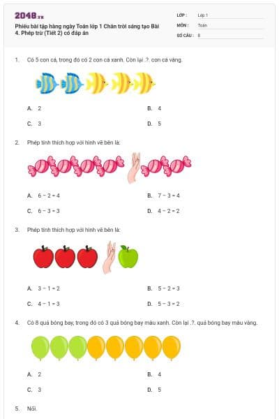 Phiếu bài tập hàng ngày Toán lớp 1 Chân trời sáng tạo Bài 4. Phép trừ (Tiết 2) có đáp án