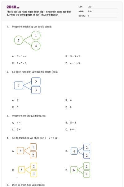 Phiếu bài tập hàng ngày Toán lớp 1 Chân trời sáng tạo Bài 5. Phép trừ trong phạm vi 10(Tiết 2) có đáp án