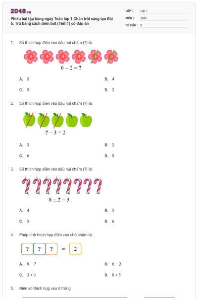 Phiếu bài tập hàng ngày Toán lớp 1 Chân trời sáng tạo Bài 6. Trừ bằng cách đếm bớt (Tiết 1) có đáp án
