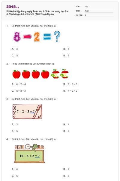 Phiếu bài tập hàng ngày Toán lớp 1 Chân trời sáng tạo Bài 6. Trừ bằng cách đếm bớt (Tiết 2) có đáp án