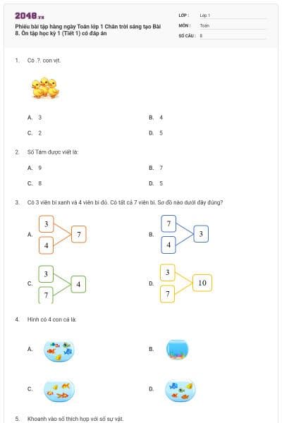 Phiếu bài tập hàng ngày Toán lớp 1 Chân trời sáng tạo Bài 8. Ôn tập học kỳ 1 (Tiết 1) có đáp án