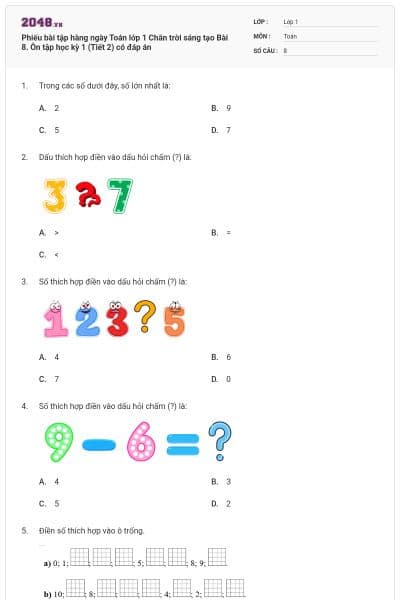 Phiếu bài tập hàng ngày Toán lớp 1 Chân trời sáng tạo Bài 8. Ôn tập học kỳ 1 (Tiết 2) có đáp án