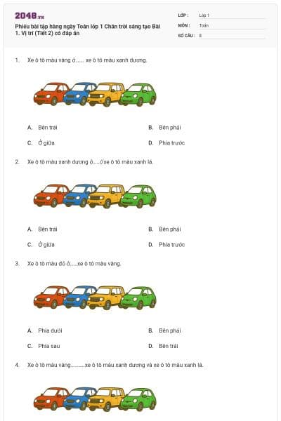 Phiếu bài tập hàng ngày Toán lớp 1 Chân trời sáng tạo Bài 1. Vị trí (Tiết 2) có đáp án