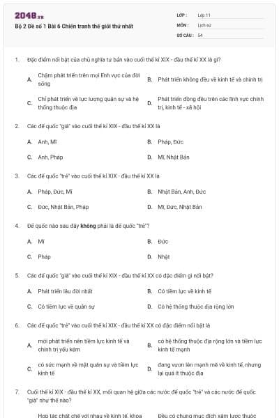 Bộ 2 Đề số 1 Bài 6 Chiến tranh thế giới thứ nhất