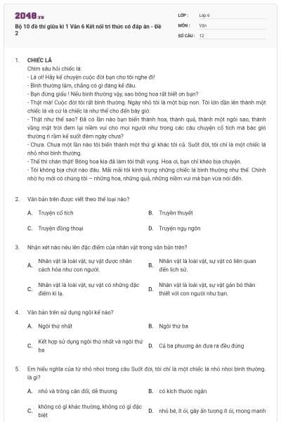 Bộ 10 đề thi giữa kì 1 Văn 6 Kết nối tri thức có đáp án - Đề 2