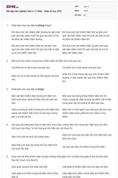 Bài tập trắc nghiệm Vật Lí 11 Điện - Điện từ học (P2)